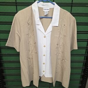 Alfred Dunner Tan and White Embroidered Blouse Sz 20